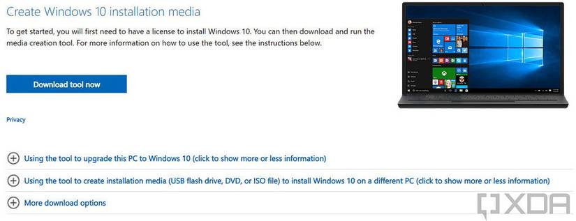 Dialog to download Windows 10 Media Creation Tool