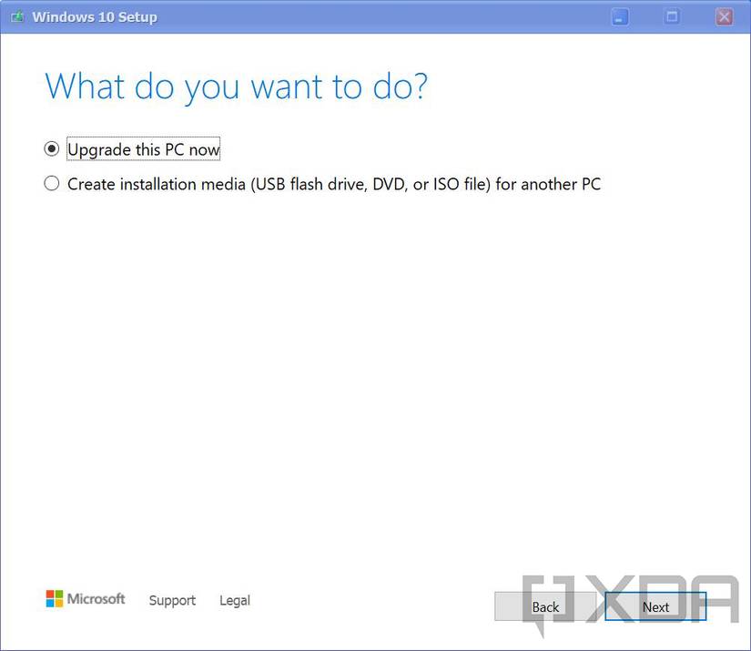 Dialog to upgrade PC now or create installation media