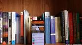 ASUS ZenFone 8 facing forwards in front of books on a bookshelf
