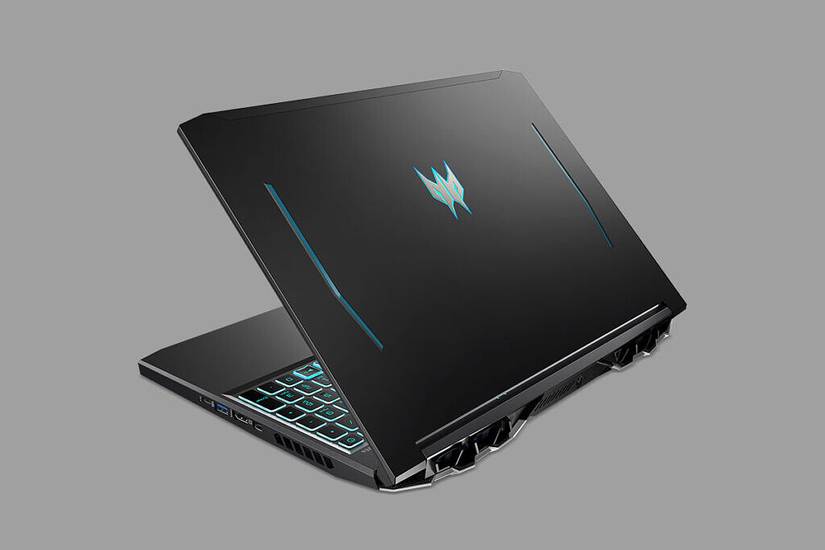 Acer Predator Helios 300 slightly open on gray background