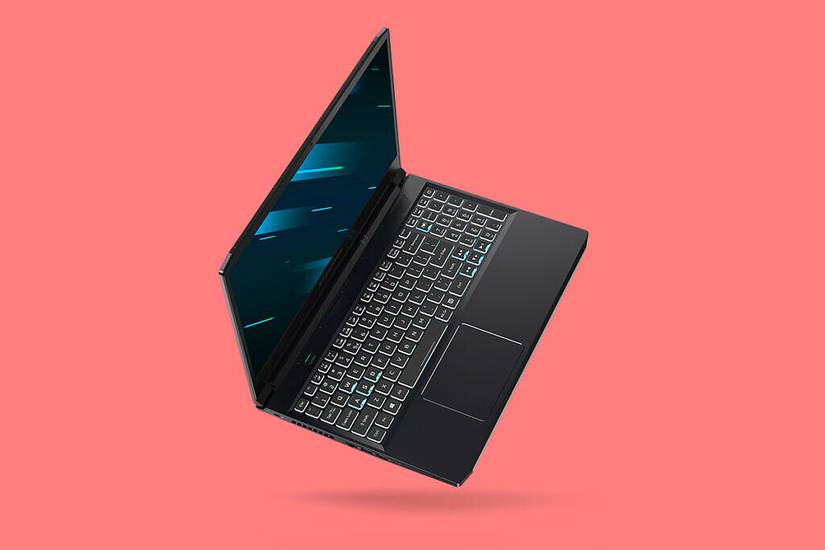 Acer Predator Triton 300 on its side on peach background