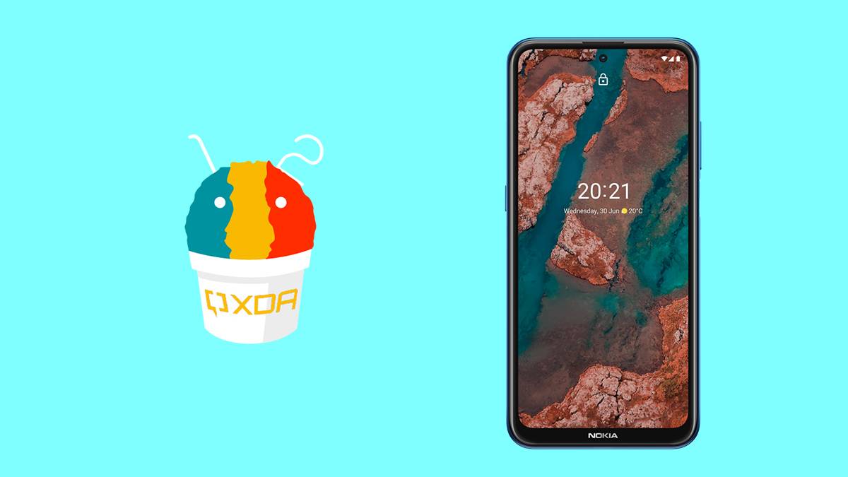 Nokia X20 next to XDA's custom Android 12 artwork on blue background