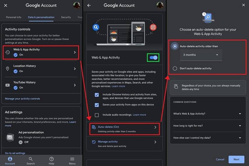 Auto Delete time frame through Google App on Android