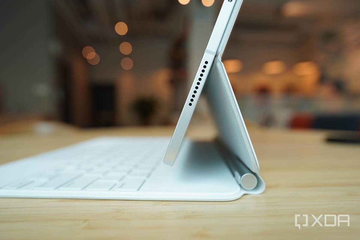 The Magic Keyboard elevates the iPad Pro off the table top.