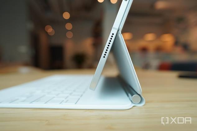 The Magic Keyboard elevates the iPad Pro off the table top.