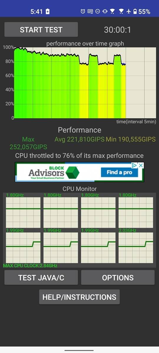 ASUS ZenFone 8 performance in CPU throttling test with high-performance mode enabled