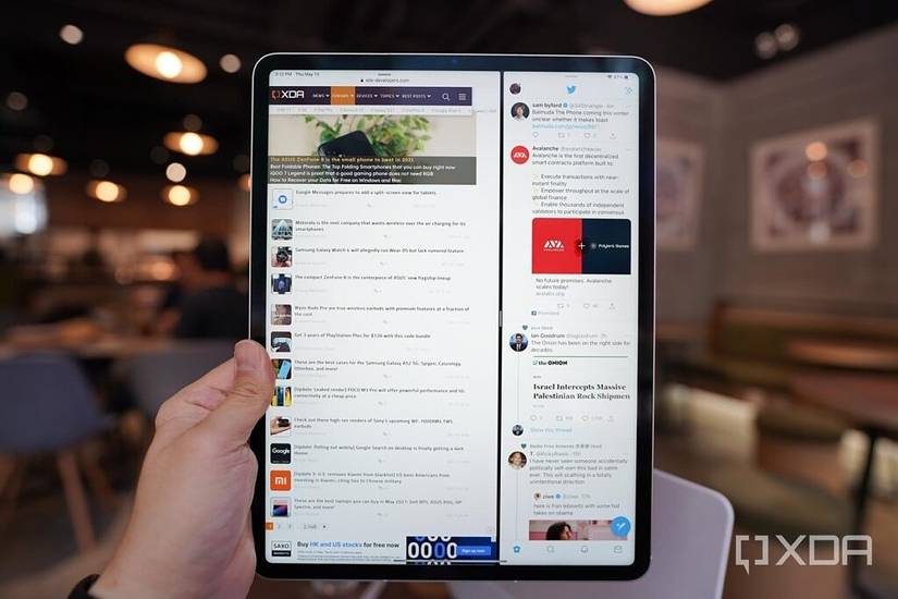iPad Pro with M1 in portrait orientation running two apps at the same time. 