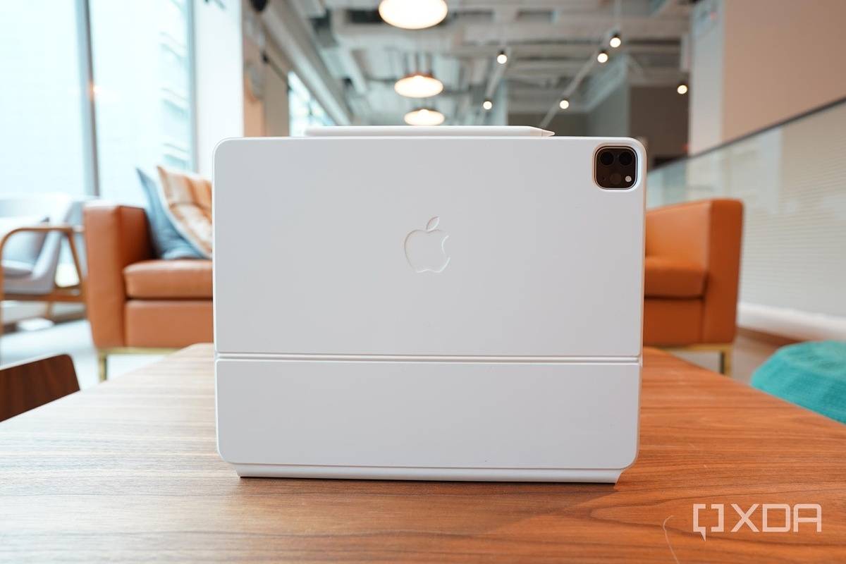 The Magic Keyboard folio case protects the back of the iPad Pro.