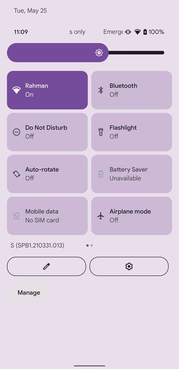 Automatically themed quick settings in Android 12 purple