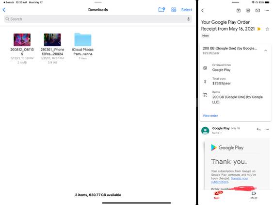 Opening Apple's Files app and Gmail at same time.