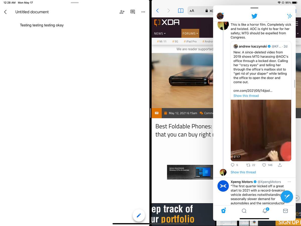 Multi-tasking on the iPad Pro, with Google Docs opened with Twitter and Safari web browser.