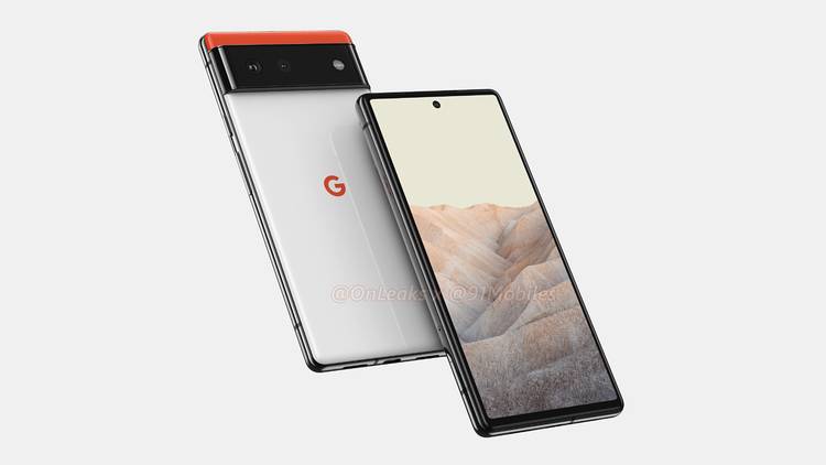 Leaked Pixel 6 render showing the front and back of the phone diagonally