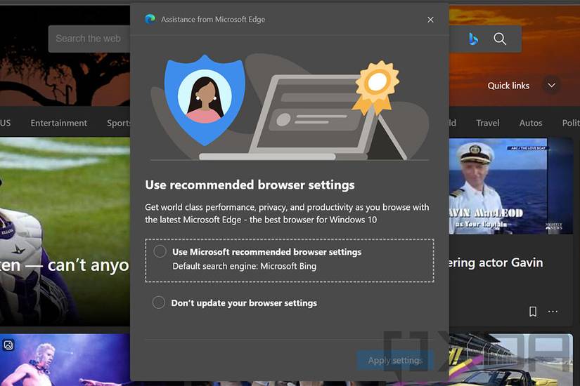 Microsoft Edge dialog attempting to get user to switch to default settings