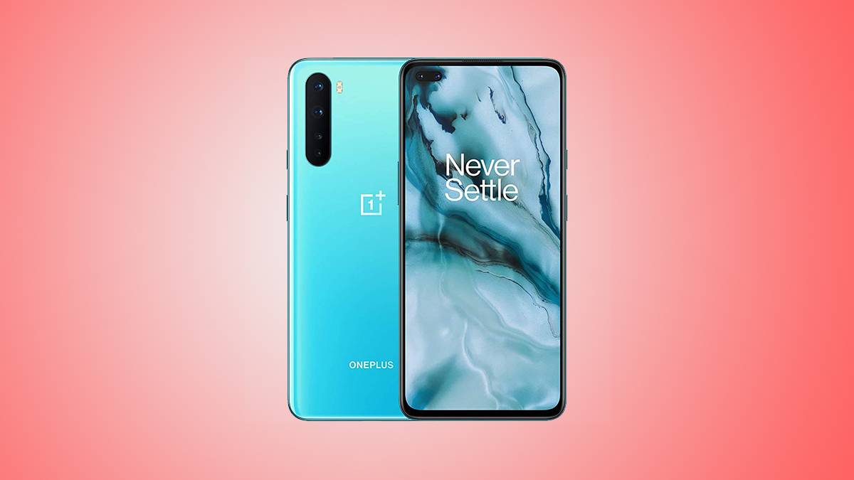 Blue OnePlus Nord on pink background