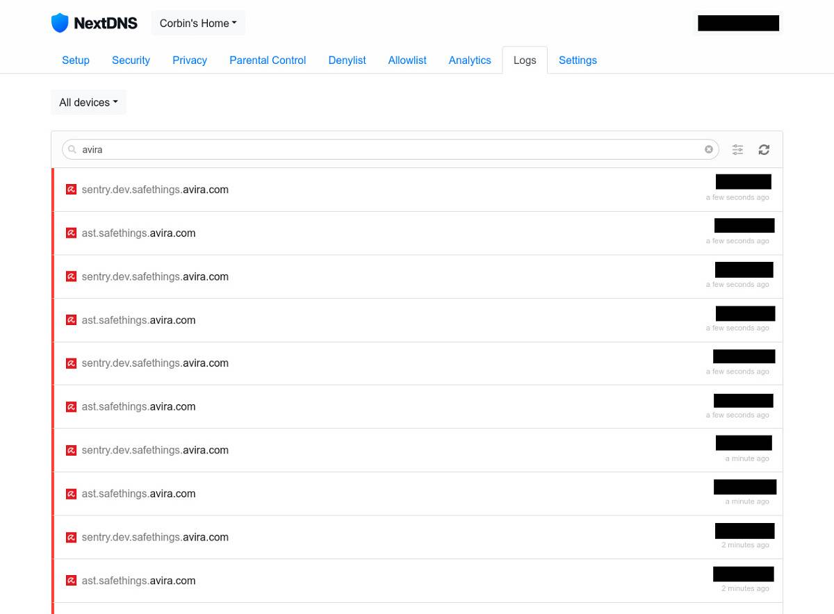 Log list of requests to Avira domains