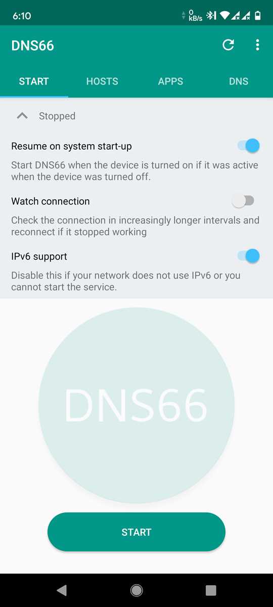 DNS66 main screen