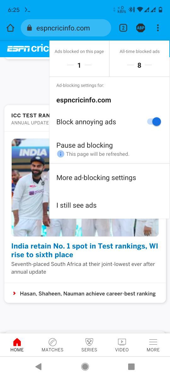Adblock Browser blocking ad on a website