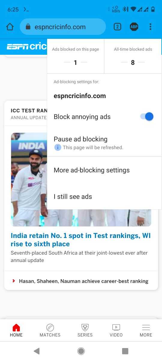 Adblock Browser blocking ad on a website
