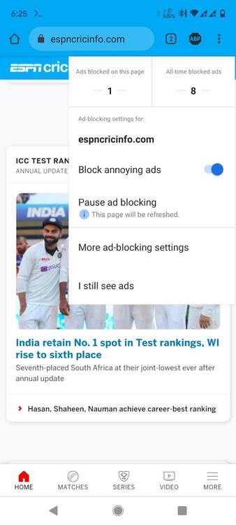Adblock Browser blocking ad on a website