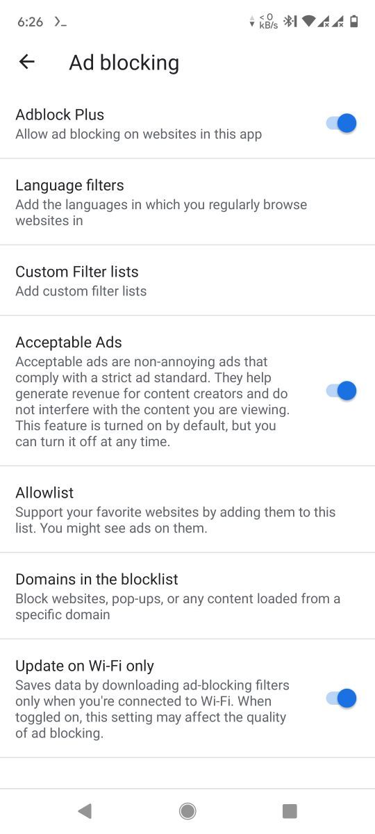 Adblock Browser settings