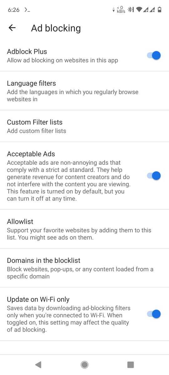 Adblock Browser settings