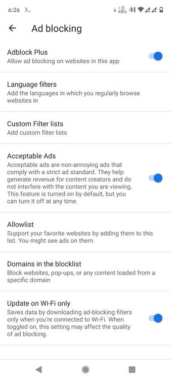 Adblock Browser settings