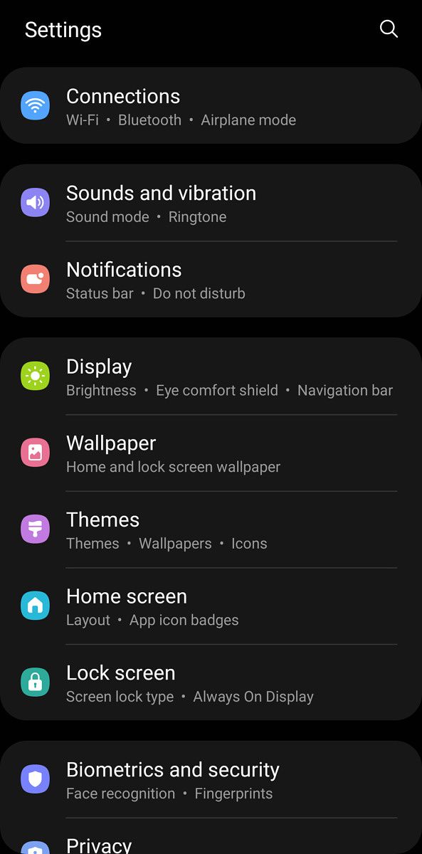 Settings page in One UI 3.1