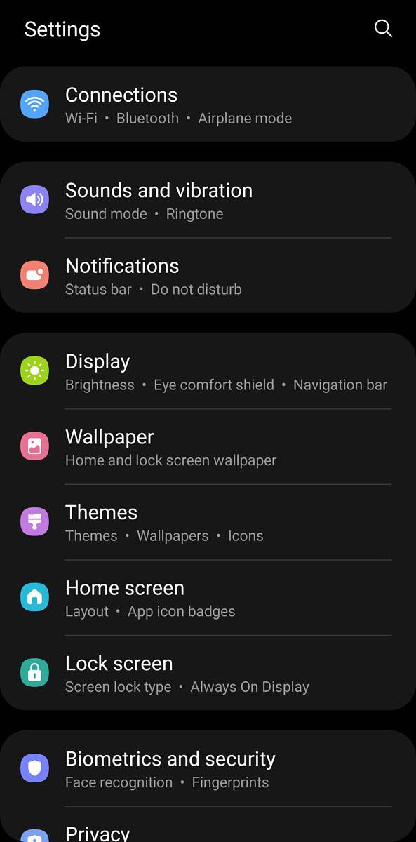 Settings page in One UI 3.1