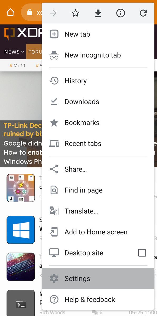 Chrome menu