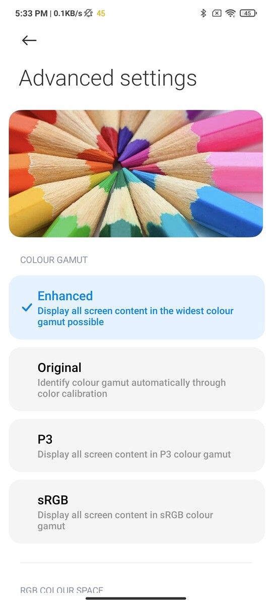 Xiaomi Mi 11X Pro display color settings gamut