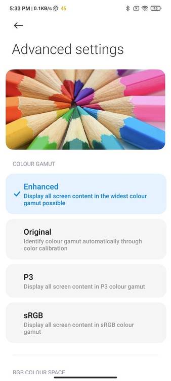 Xiaomi Mi 11X Pro display color settings gamut