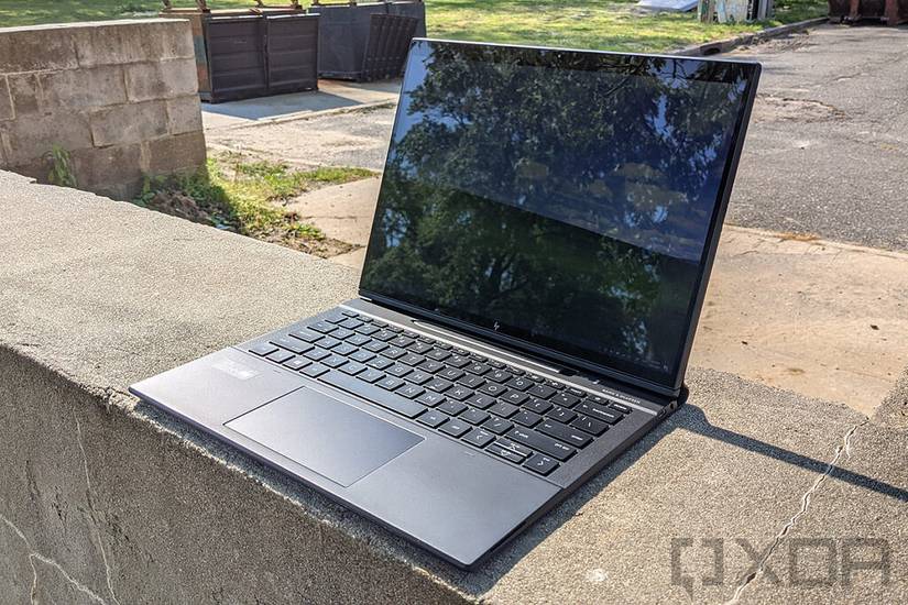 HP Elite Folio in clamshell orientation angled view