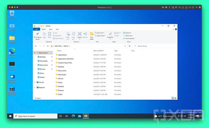 Parallels showing Windows 10 File Explorer with macOS files