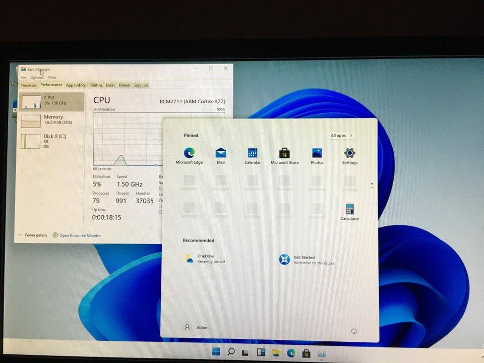 Windows 11 Start menu displayed on a Raspberry Pi 4