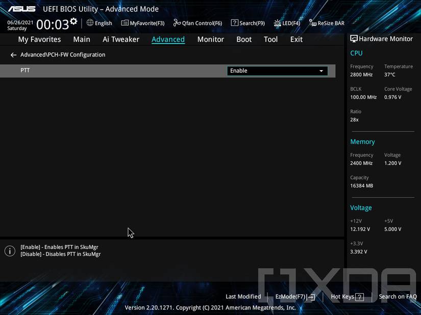 ASUS TPM settings in BIOS