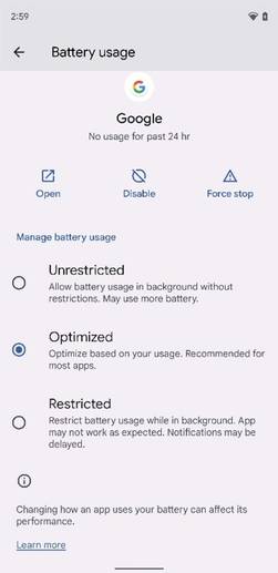 Battery optimization settings in Android 12 Beta 2
