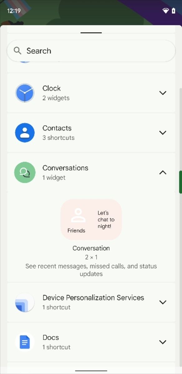 Conversation widget in the widget picker of Android 12