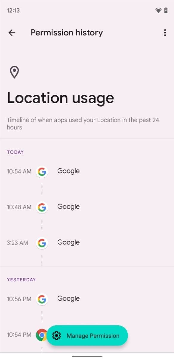 Location usage under privacy dashboard in Android 12 Beta 2