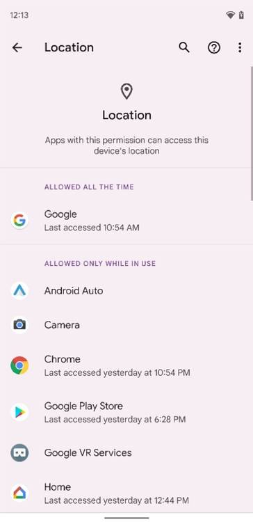 Permission management accessed through privacy dashboard of Android 12 Beta 2