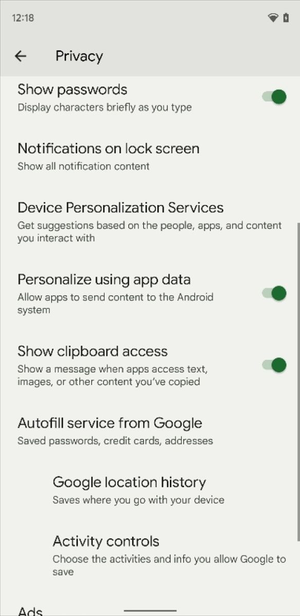 Show clipboard access setting in Android 12