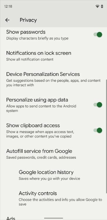 Show clipboard access setting in Android 12