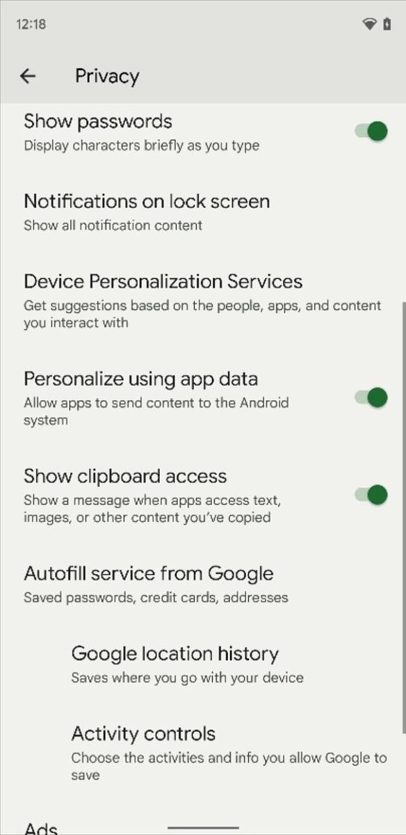 Show clipboard access setting in Android 12
