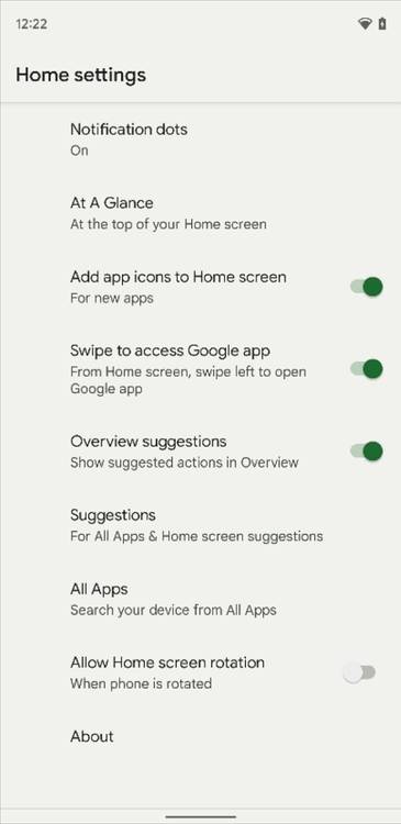 AllApps settings page in Pixel Launcher settings