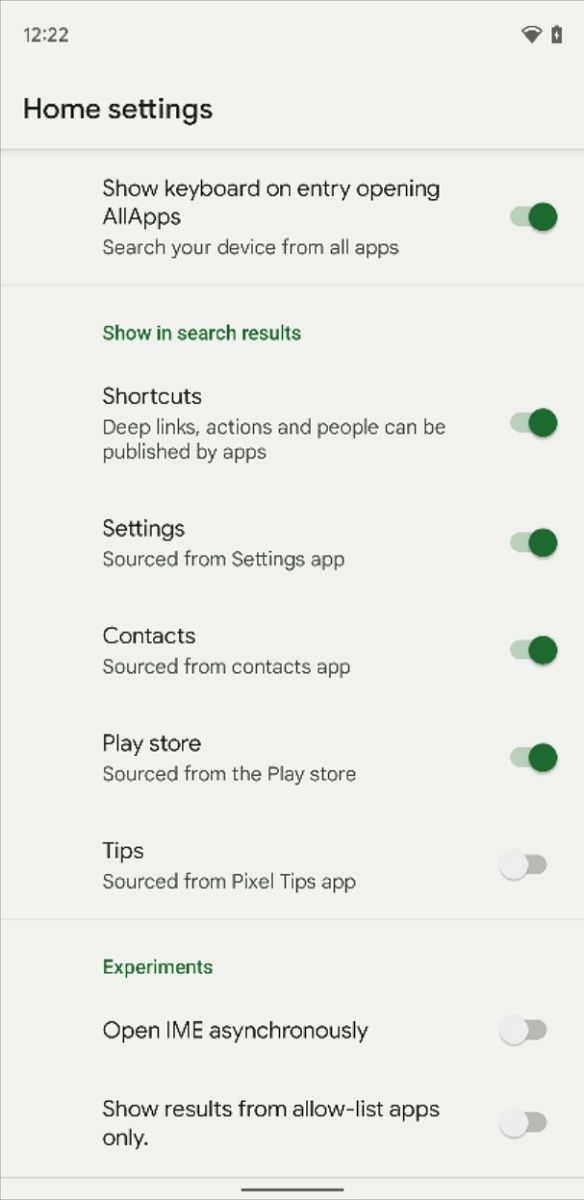 Universal app search settings in Pixel Launcher