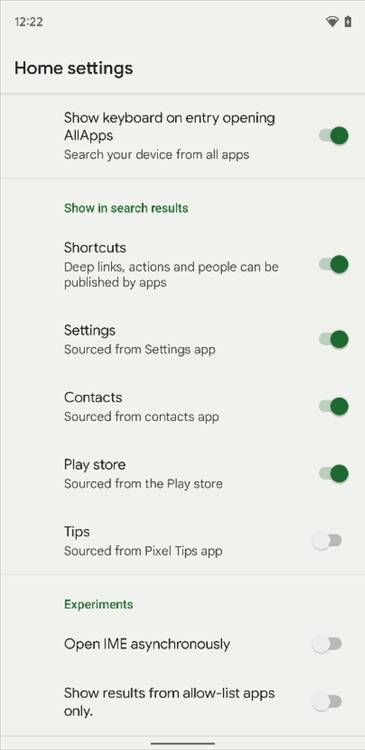 Universal app search settings in Pixel Launcher