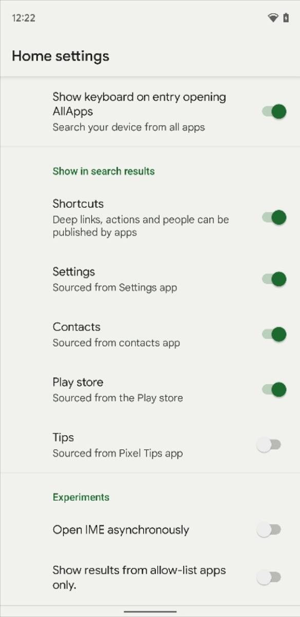 Universal app search settings in Pixel Launcher