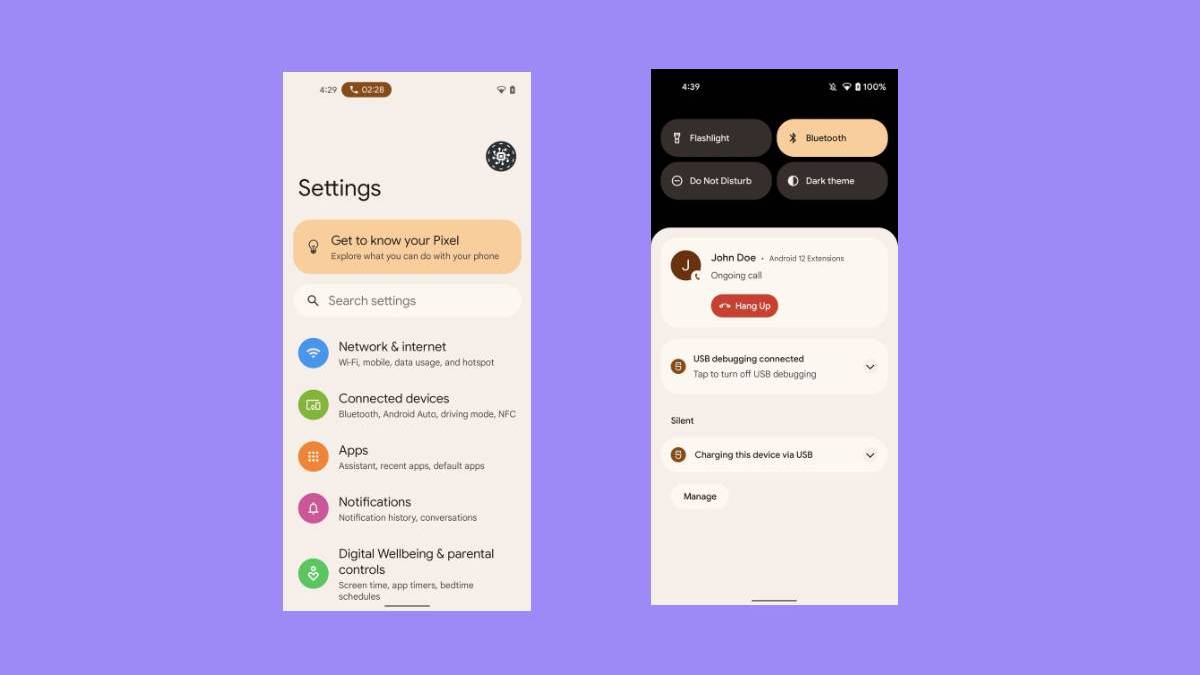 Two screenshots showcasing Android 12's call chip view feature on a solid color background