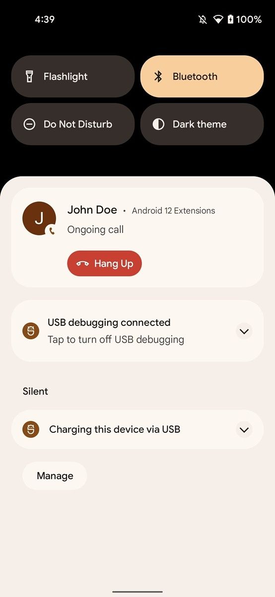 Android 12 Beta 2's notification shade displaying the on-going call view with a hang up button