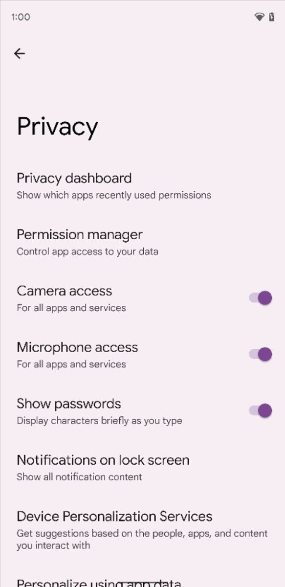 Toggles for camera and microphone access in Android 12