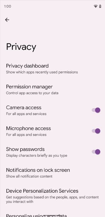 Toggles for camera and microphone access in Android 12